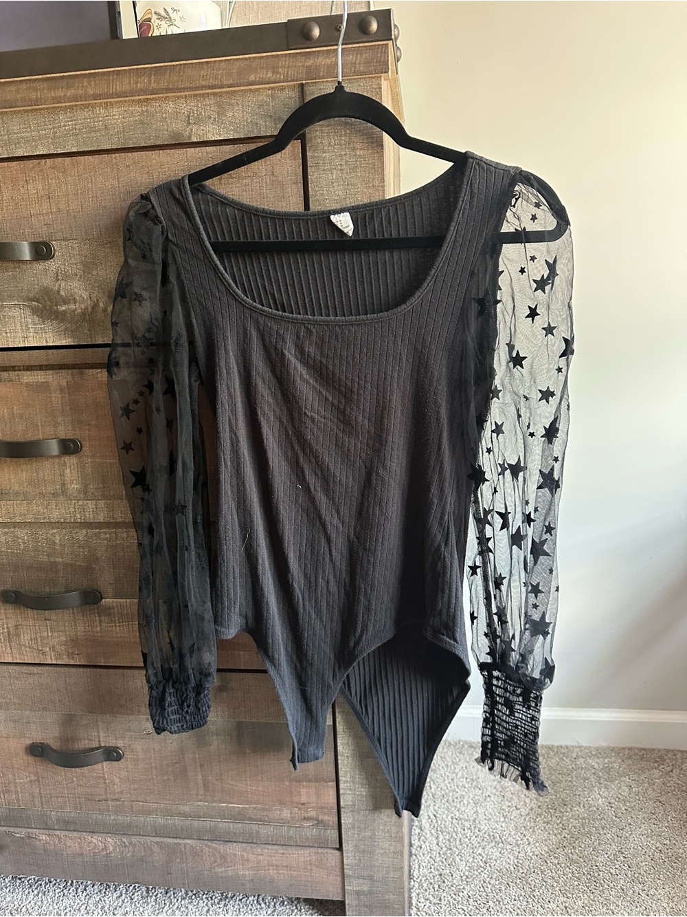 Black Sheer Star-Sleeve Ribbed Bodysuit